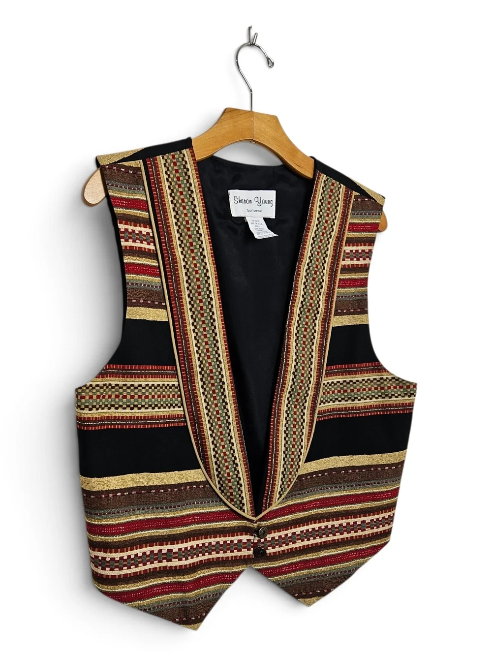 Vintage Sharon Young Vest M Southwestern Tapestry Metallic Western Boho Black US